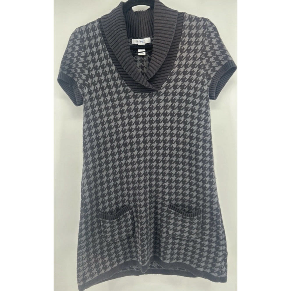 Y2K Houndstooth Knit Sweater Dress Tunic Shawl Neck 2000s Grunge Indie Sz M